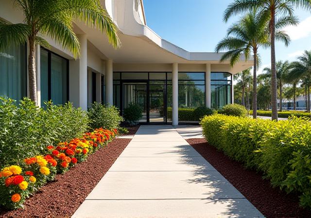 Commercial building entrance landscaping with fresh mulch and vibrant flowers