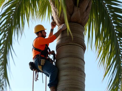 Professional palm tree trimming with safe equipment